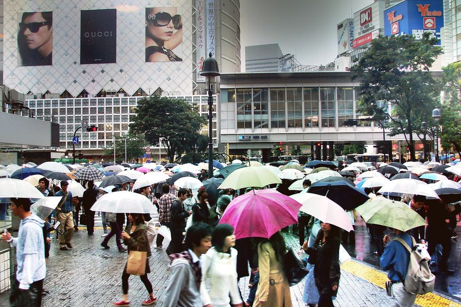 Shibuya crossing avec mer de parapluies